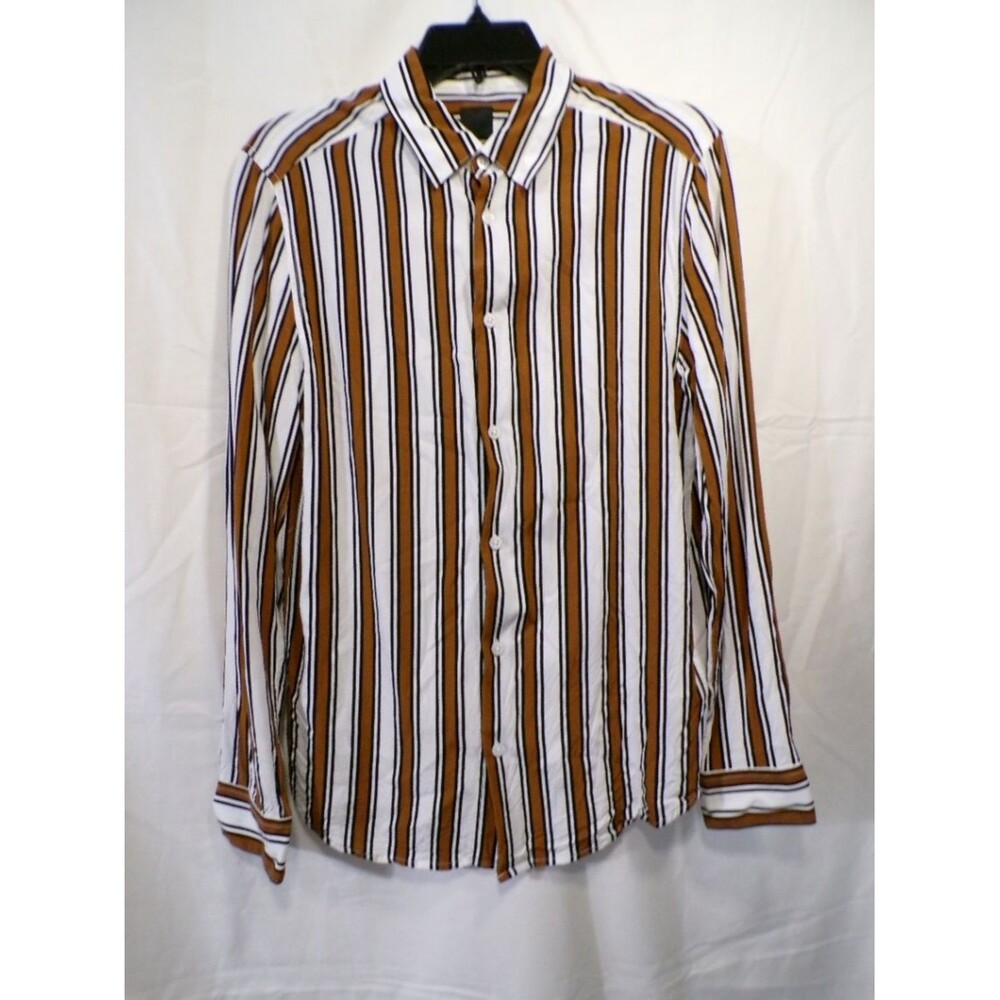 H&M Men's Slim Fit S Striped Brown White Long Sleeve Button-Up Shirt